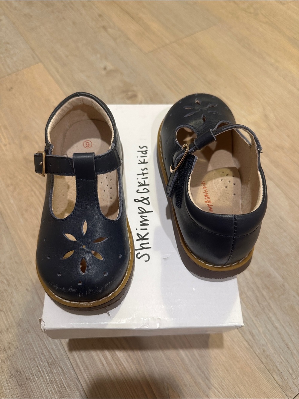 Girls Navy T-Strap Dress Shoes with Floral Cutouts